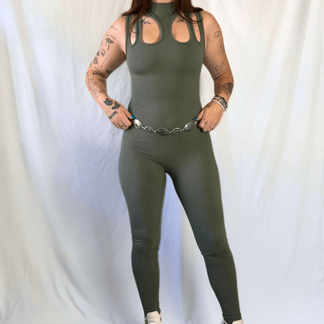 Olive Green Cutout Sleeveless Snatched Jumpsuit