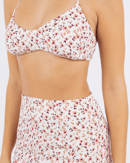 Ditsy Ivory Floral Print Bra Crop Top and Mini Skirt Set