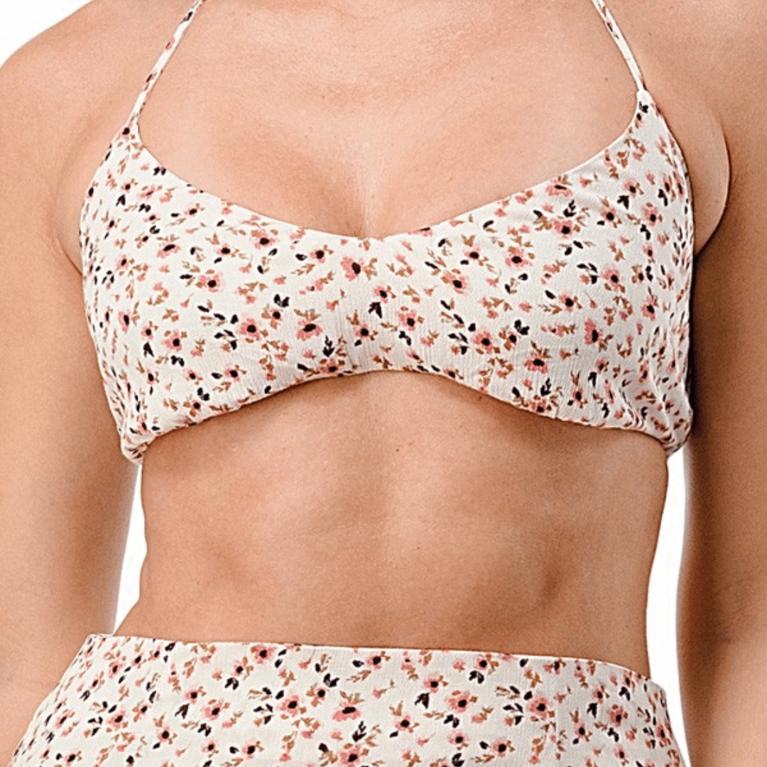 Ditsy Ivory Floral Print Bra Crop Top and Mini Skirt Set
