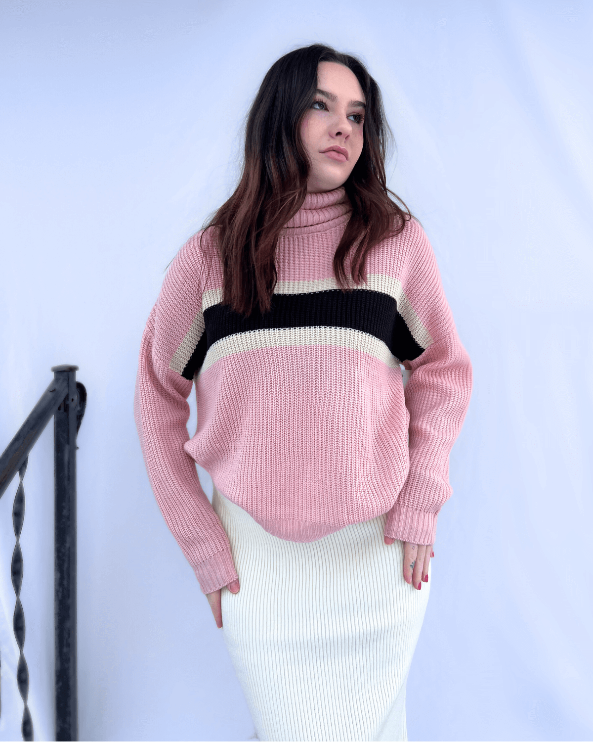 Pink Turtleneck Knit Striped Sweater