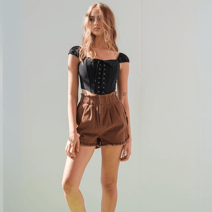 Front Lace-Up Cap Sleeve Corset Top