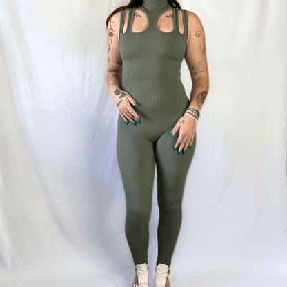 Olive Green Cutout Sleeveless Snatched Jumpsuit