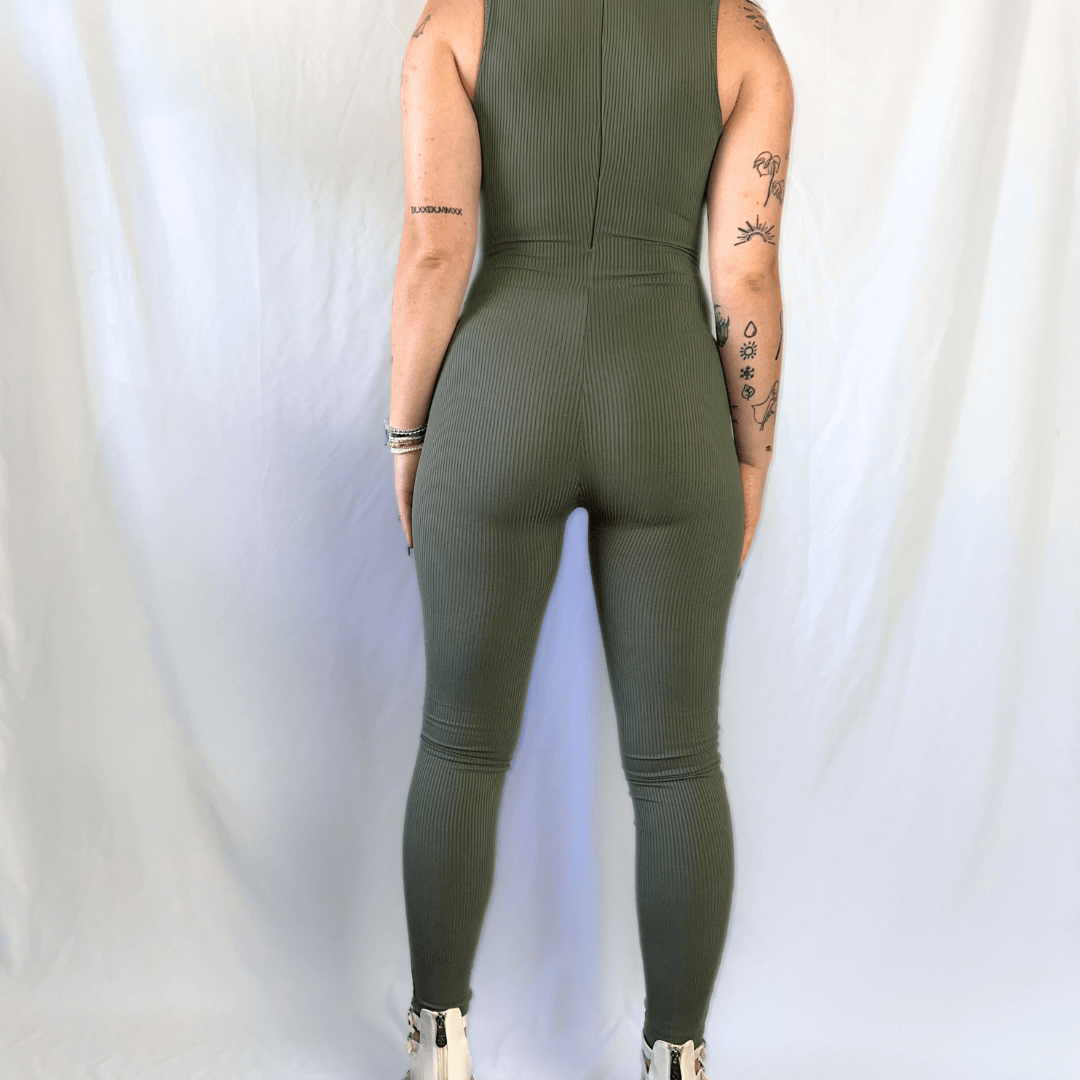 Olive Green Cutout Sleeveless Snatched Jumpsuit