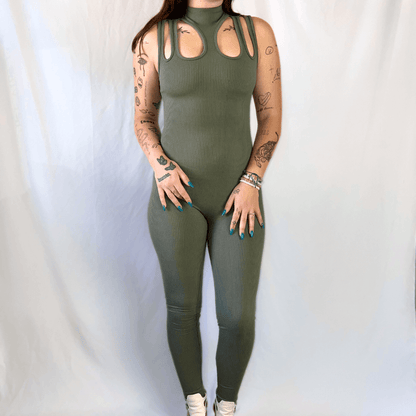 Olive Green Cutout Sleeveless Snatched Jumpsuit