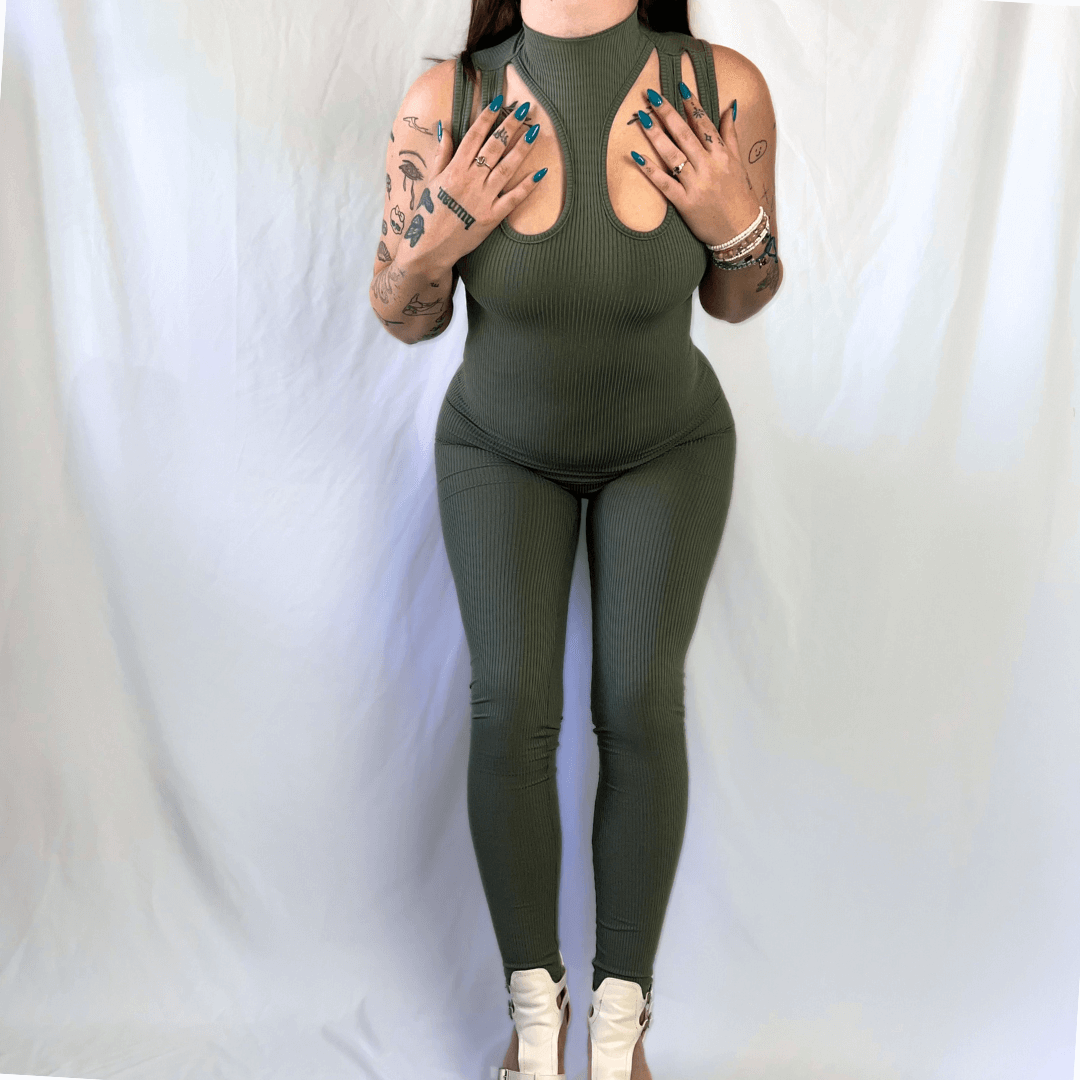 Olive Green Cutout Sleeveless Snatched Jumpsuit