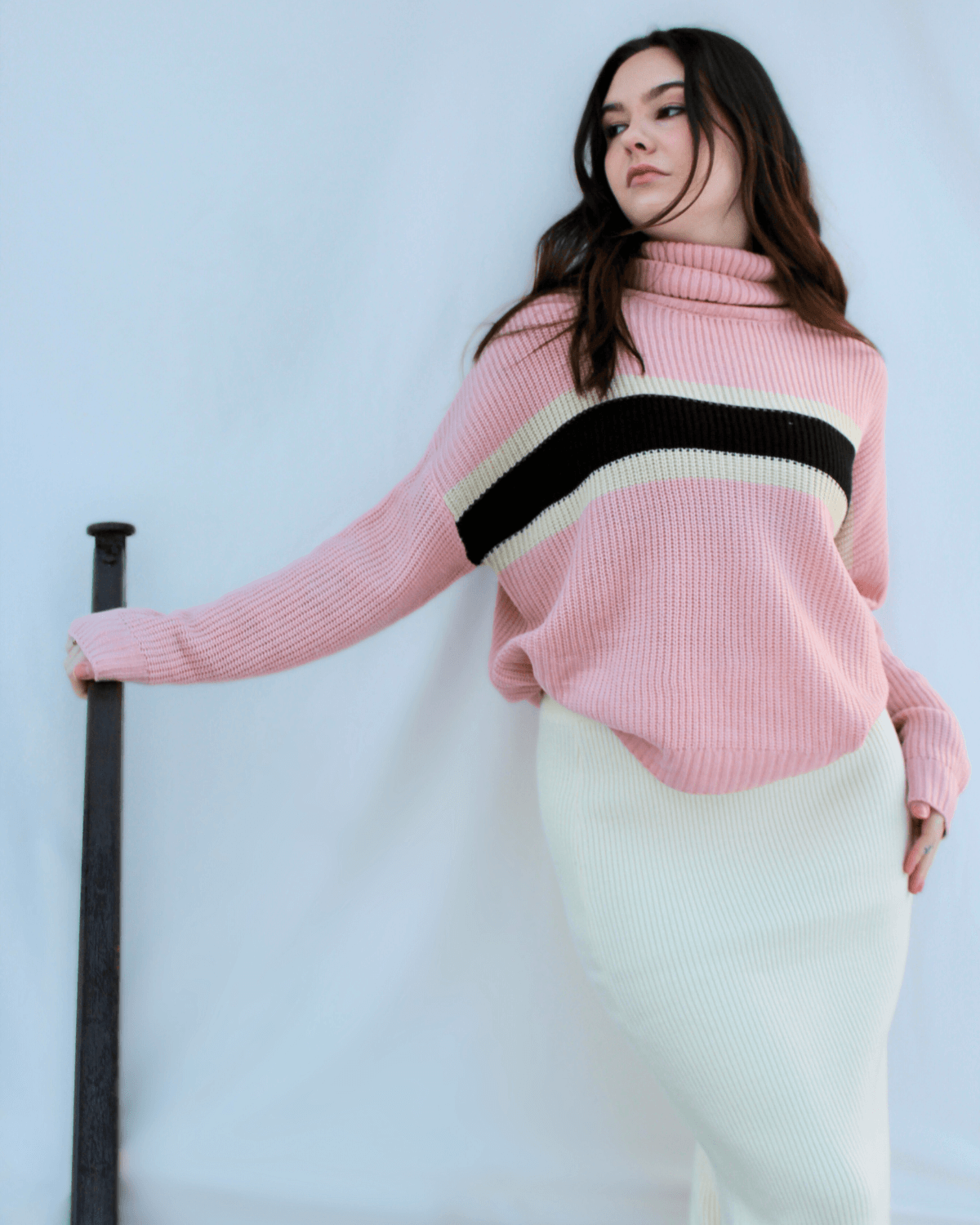 Pink Turtleneck Knit Striped Sweater