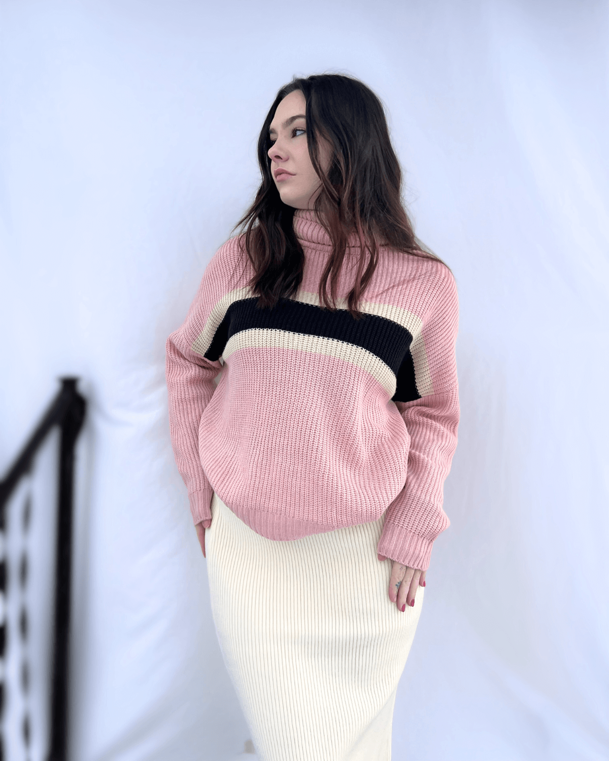 Pink Turtleneck Knit Striped Sweater