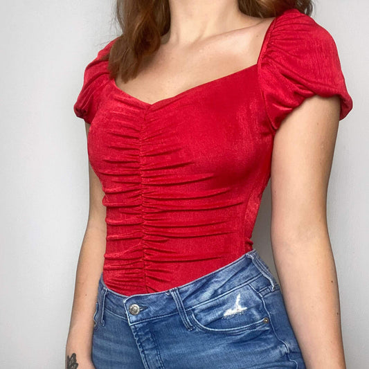 red ruched bodysuit