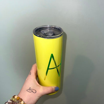 yellow travel cup Tumblr with lid Aubrey's Aesthetics 