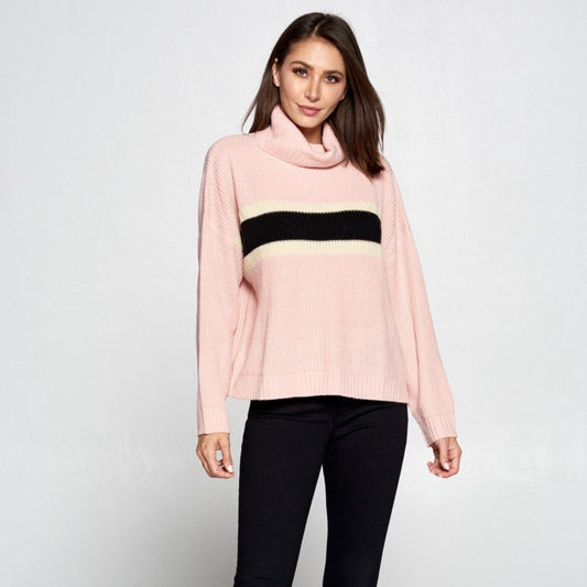 Pink Turtleneck Knit Striped Sweater