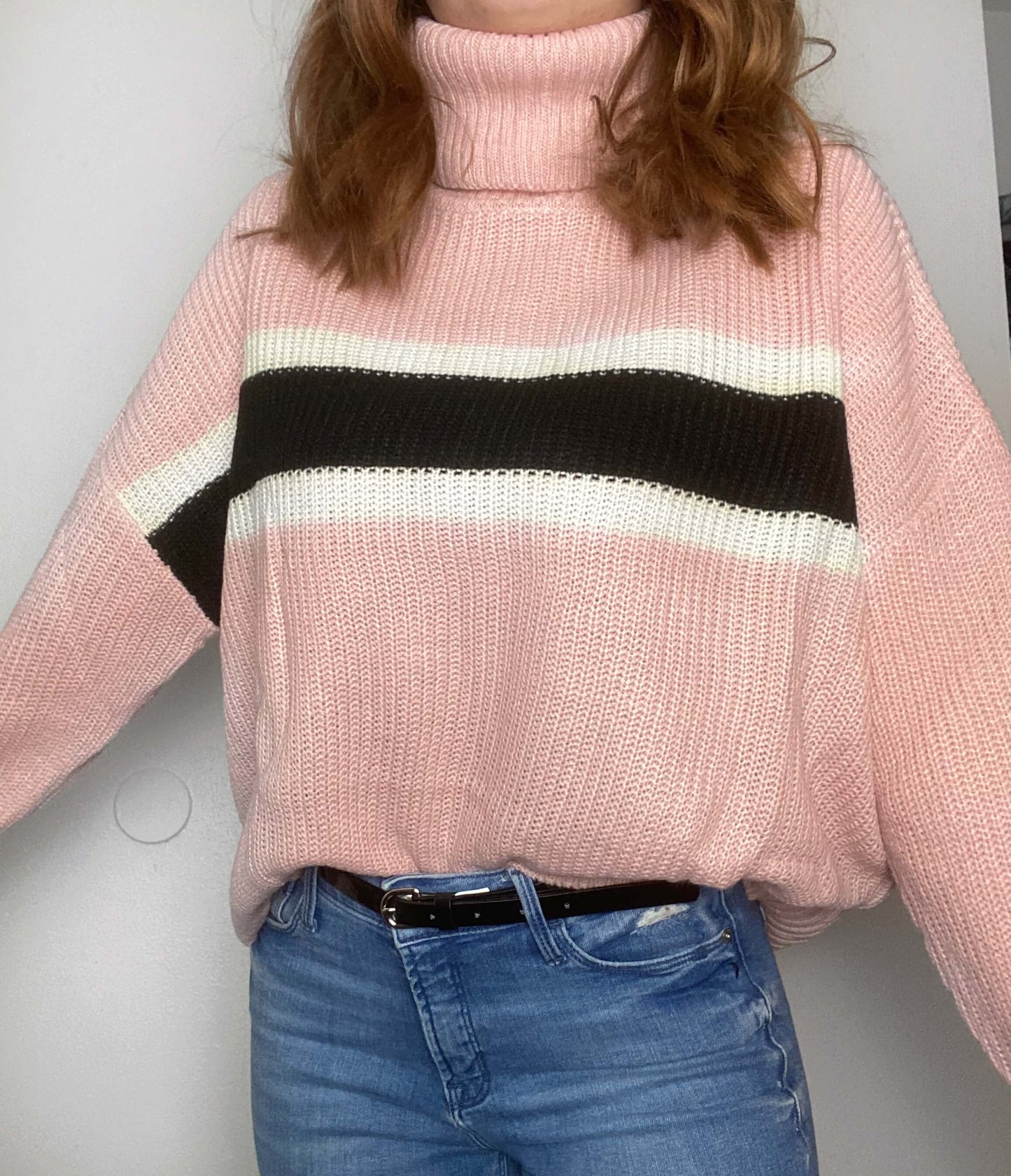 Pink Turtleneck Knit Striped Sweater