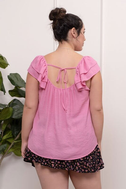 tie back ruffle pink blouse